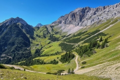 Blick auf die steile Auffahrt zur Rotmoosalm im Gaistal